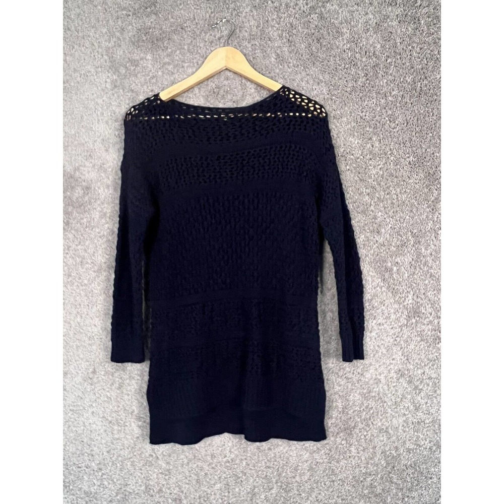 Ann Taylor Sweater Womens Small Blue 3/4 Sleeve Scoop Neck Open Crochet Cotton